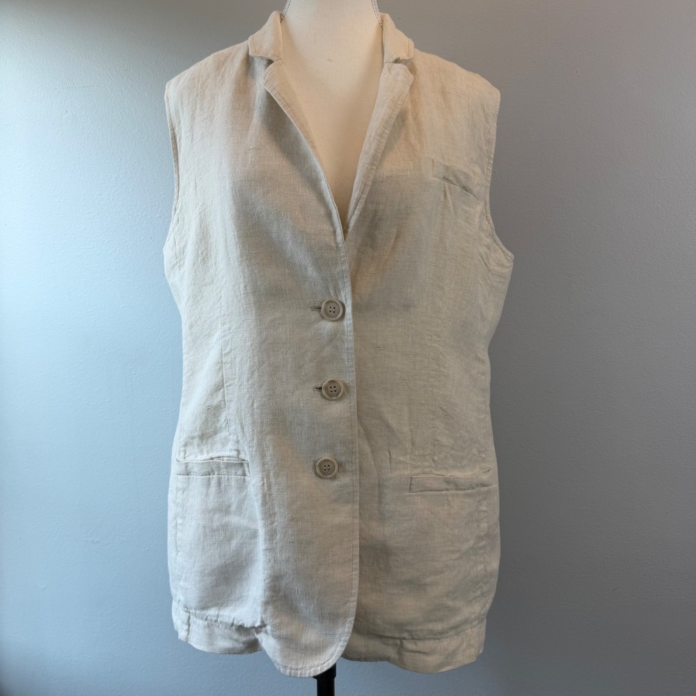 Coldwater Creek Tan Linen Vest Button‎ Front Pockets Beige Size Med Old Money